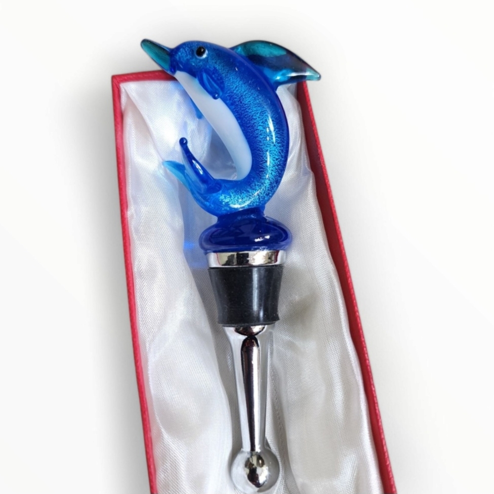 Blown Art Glass Blue Dolphin Wine Bottle Stopper - Picture 9 of 9